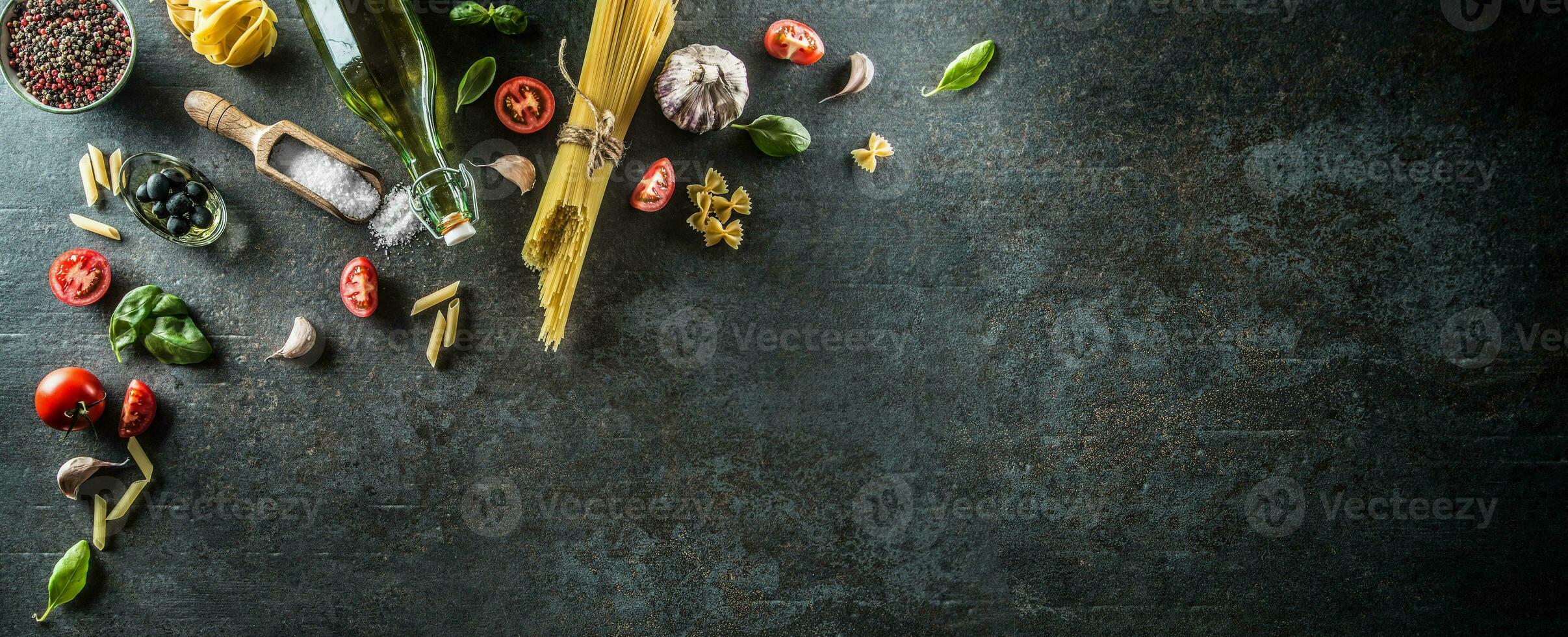 Top of view ingredients of the italian or mediterranean cuisine. photo