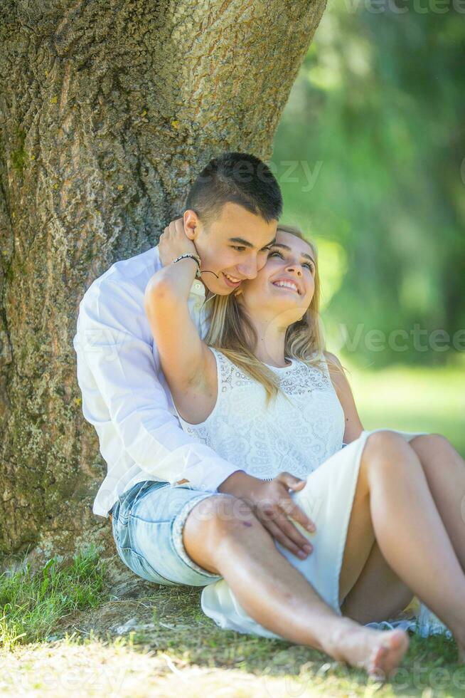 Young lovers sitting under the tree, girl stroking the boy's neck, smiling on a hot sunny summer day photo