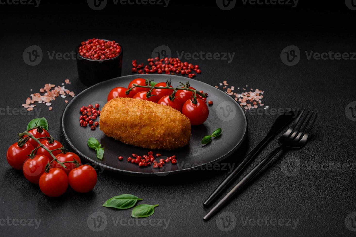 Delicious baked potato cutlet stuffed with chicken and vegetables, spices and salt photo