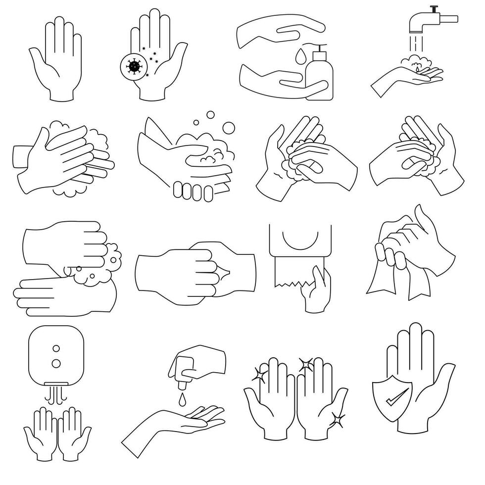 Hand washing line icon set. Hand wash against germs Hand Vector illustration on a white background. Hands sanitizer, rub with soap. germs protection. Clean hands wash icon, vector illustration set.