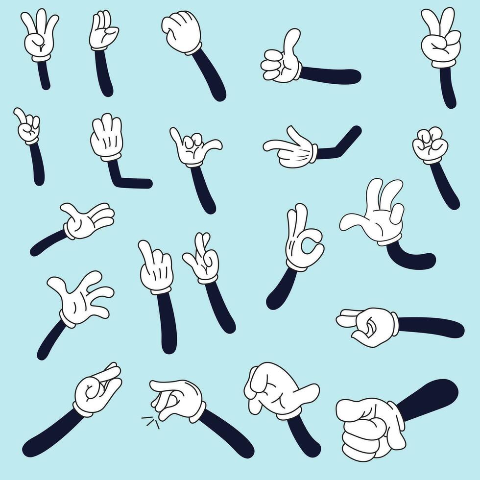 Cartoon hands. Comic arms with four and five fingers in white gloves with various gestures, cartoon character body parts. Comic mascot hands, Gloved comic hands. Vector clipart arms in different poses