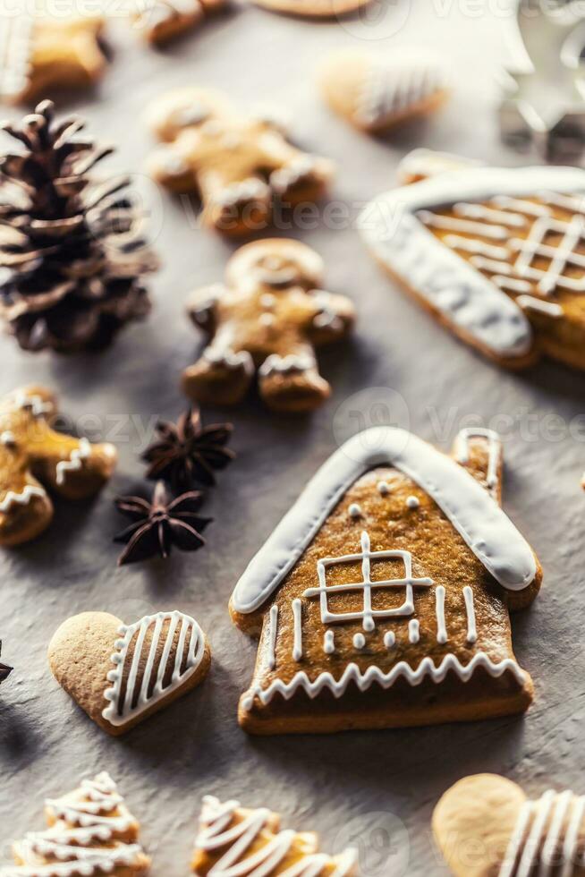 casa con pan de jengibre y otro Navidad galletas a lo largo con canela y pino conos foto