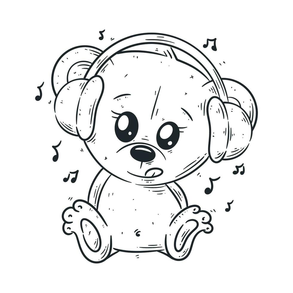 linda oso vistiendo un auriculares y escuchando a música para colorante vector