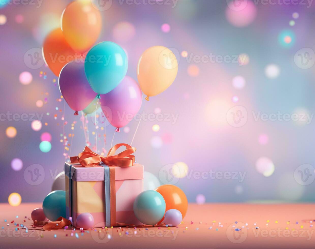 Gift box pastel background with party lights and balloons photo