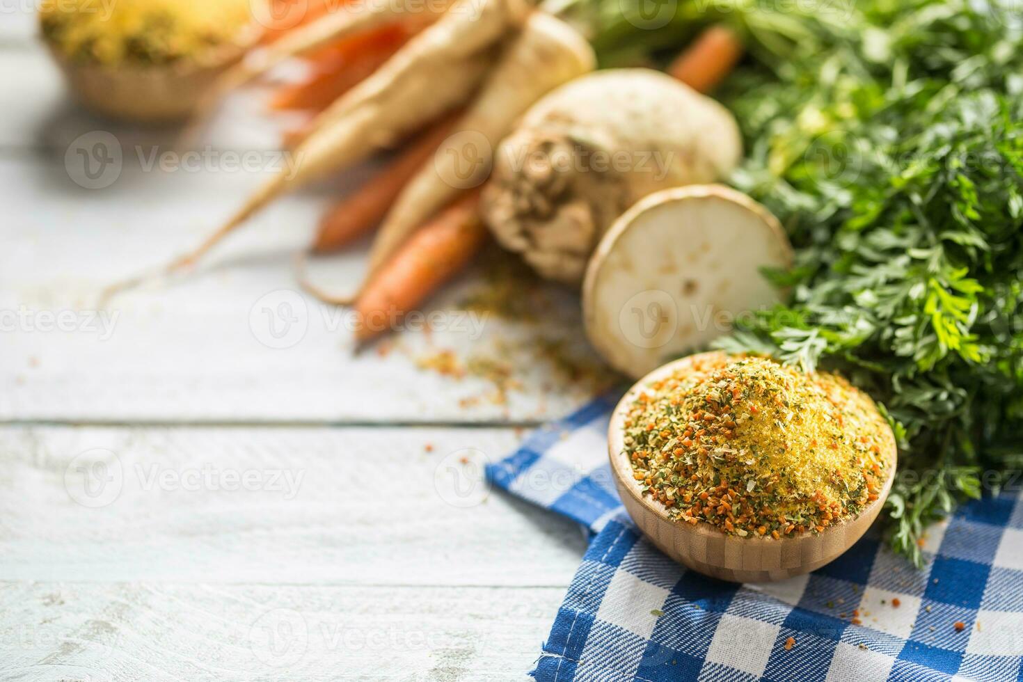 Seasoning spices condiment vegeta from dehydrated carrot parsley celery parsnips and salt with or without glutamate photo