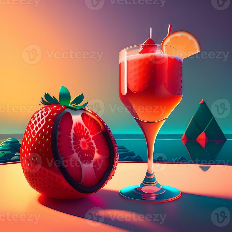 3D Realistic Summer Fancy Strawberry Cocktail With Illustration Background. Generative AI photo