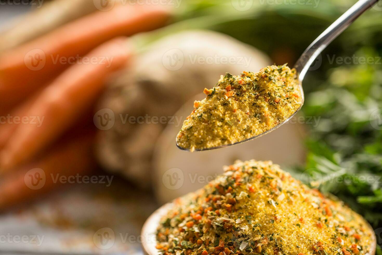 Seasoning spices condiment vegeta from dehydrated carrot parsley celery parsnips and salt with or without glutamate photo