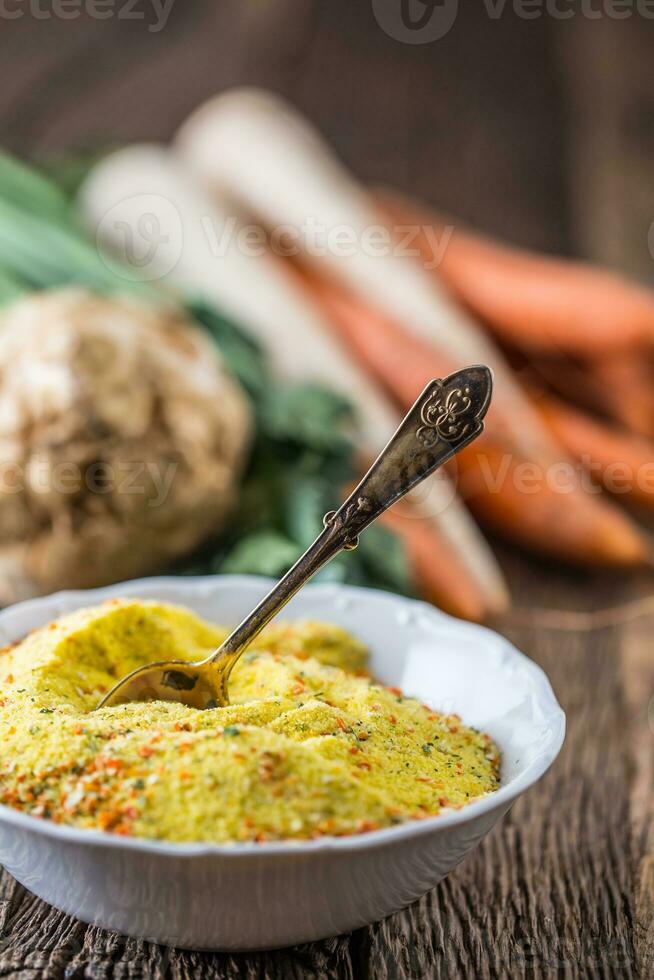 Vegeta seasoning spices condiment with dehydrated carrot parsley celery parsnips and salt with or without glutamate photo