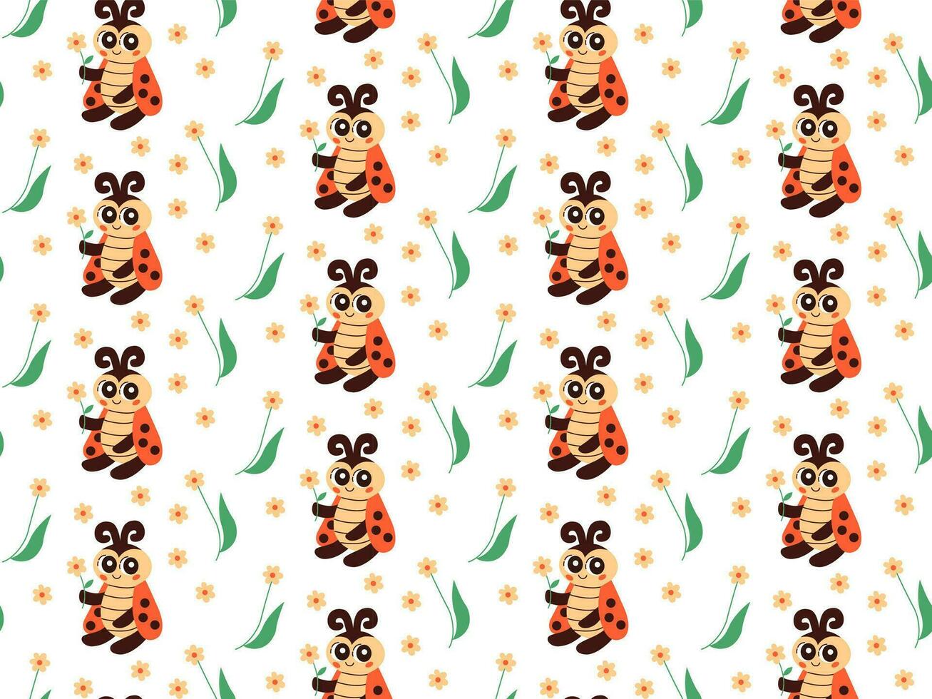 Cute baby ladybug seamless pattern. Carton doodle style, Funny Red Ladybugs. Flat vector illustration.