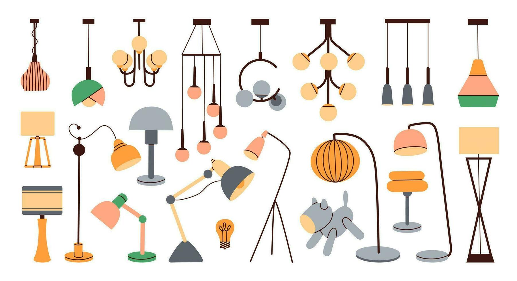 A set of lighting fixtures for home decor. Decorative floor lamp. Diverse lighting for interior design. Flat vector illustration.