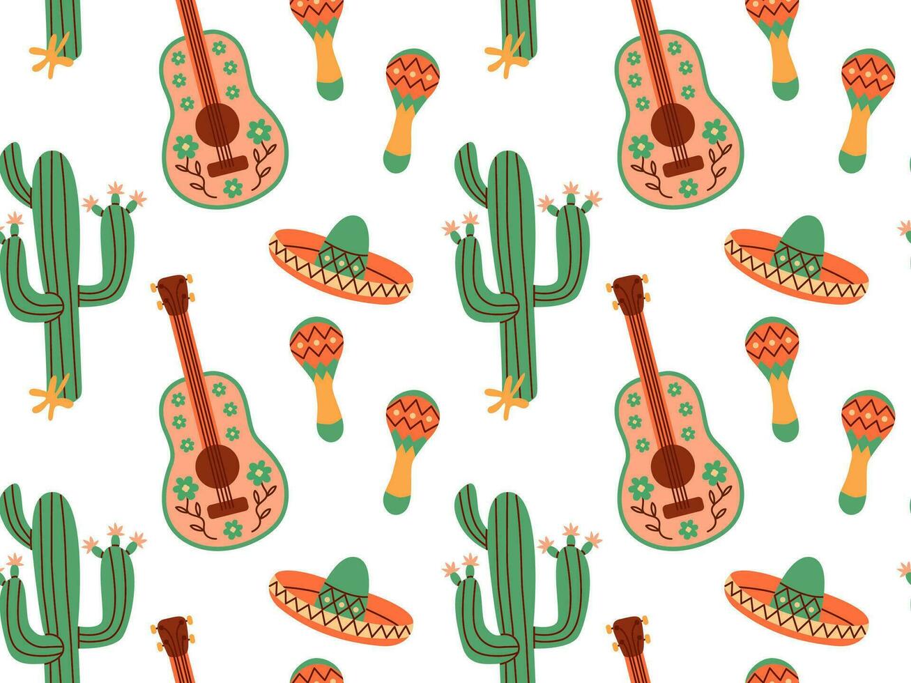 Seamless pattern of Mexican holiday attributes for maracas festive card. Traditional Latin musical instruments. Mexican maraca cartoon style. vector