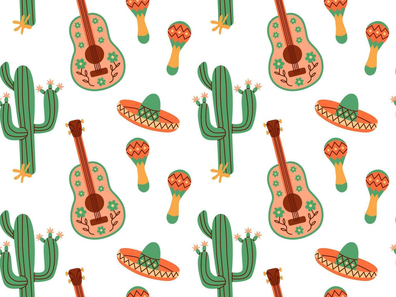 Seamless pattern of Mexican holiday attributes for maracas festive card. Traditional Latin musical instruments. Mexican maraca cartoon style. vector