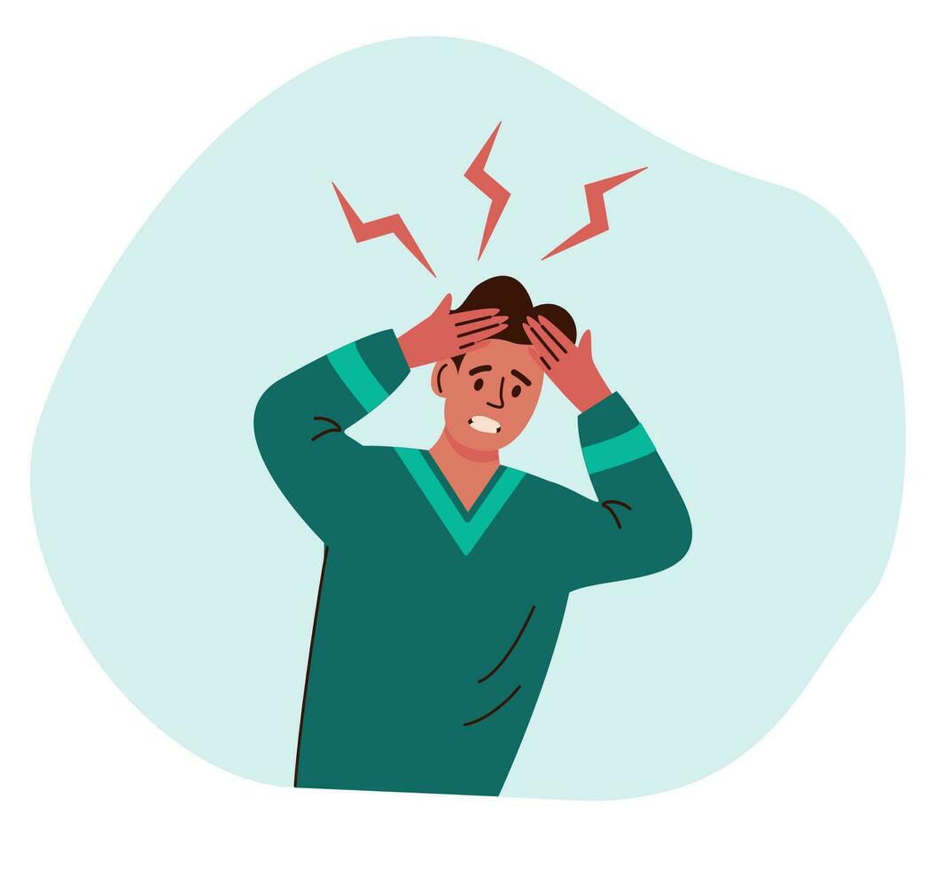Man suffers from headaches and migraines, Symptoms of viral disease. Unwell man suffering migraine advertising analgesic medicine. Flat vector illustration.