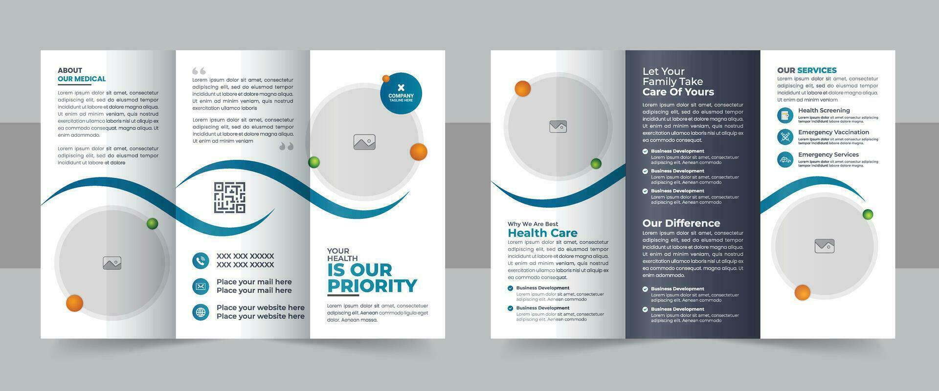 Medical Clinic Trifold Brochure flyer Layout, Medical or healthcare trifold brochure template set vector