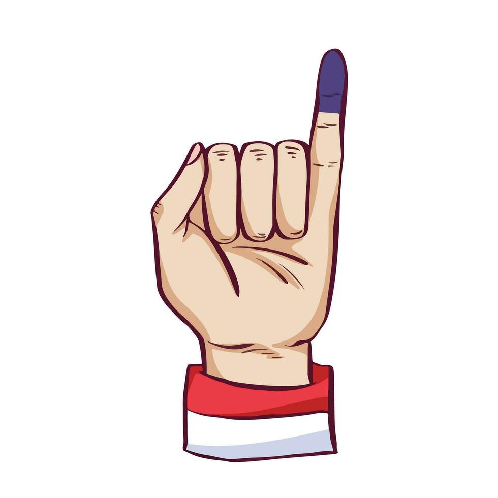 Left human hand with pinky finger up and inked vector illustration isolated on square white background. Indonesian president election day proof of voting. Simple flat outlined cartoon art styled.