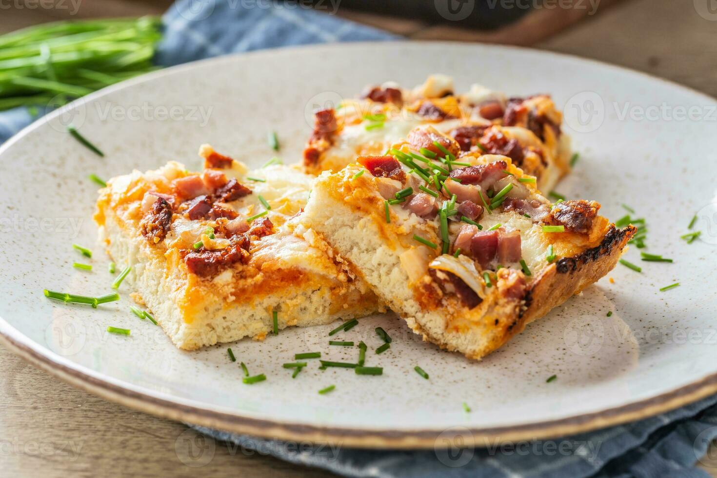 Slovak national dish podpecnik, podplamennik or posuch. Slovak national dish is made sourdough, bryndza, sour cream, bacon and onion photo