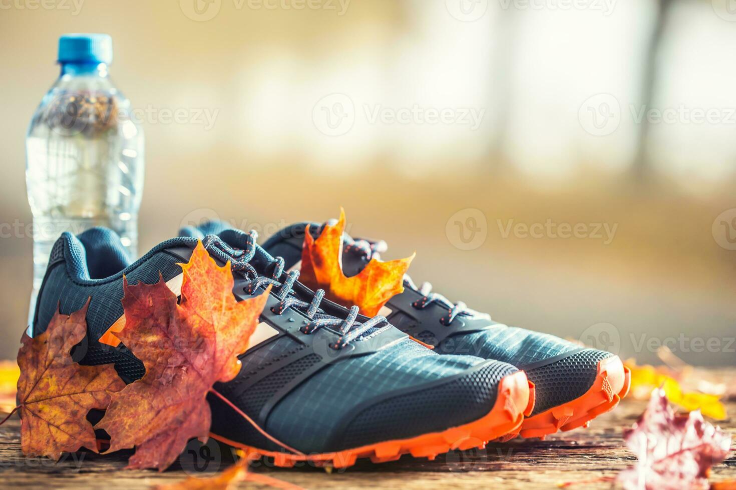 Blue sport shoes and water laid on a wooden board. photo