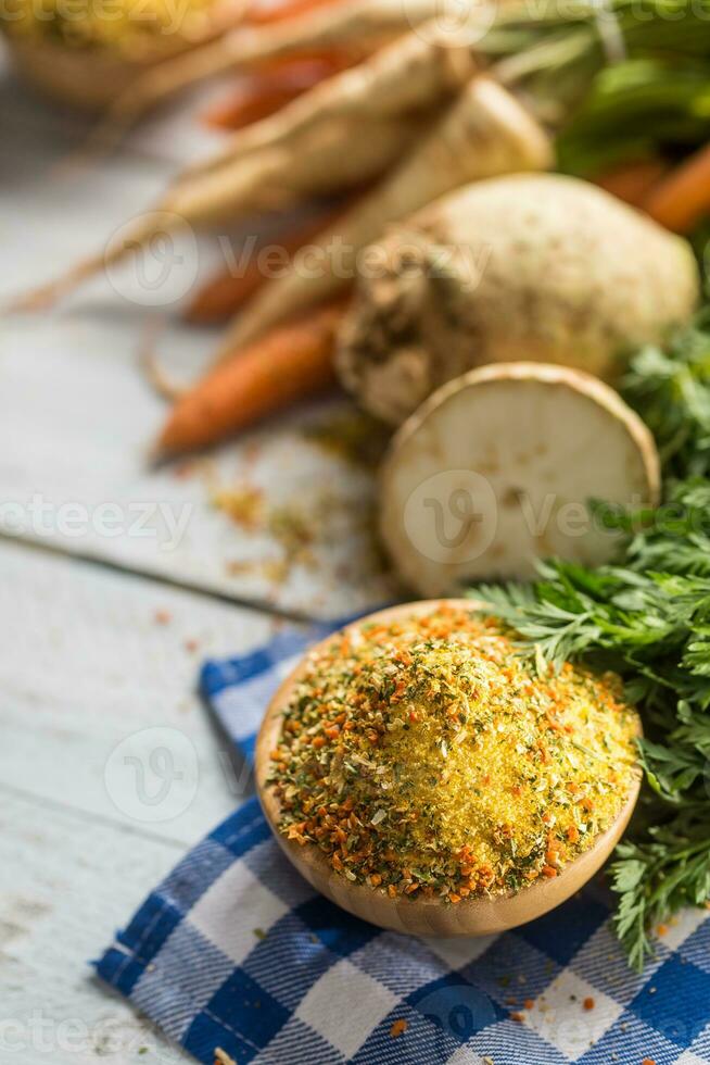 Seasoning spices condiment vegeta from dehydrated carrot parsley celery parsnips and salt with or without glutamate photo