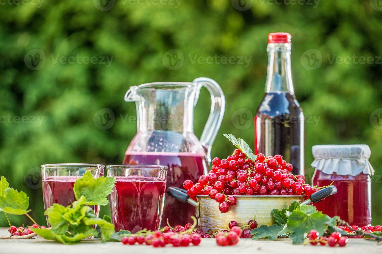 A selection of redcurrant products - marmalade jam syrup must and red vine on table in garden photo