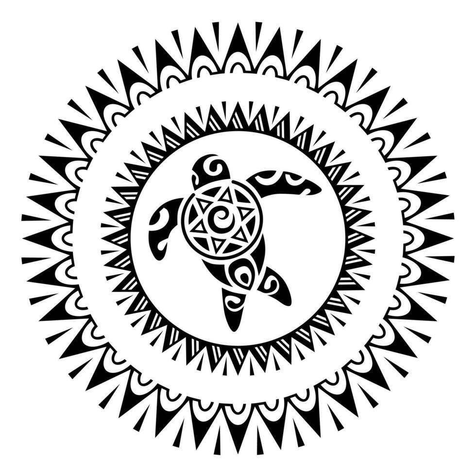 Sea turtle round circle ornament Maori style. Tattoo sketch. Black and white vector