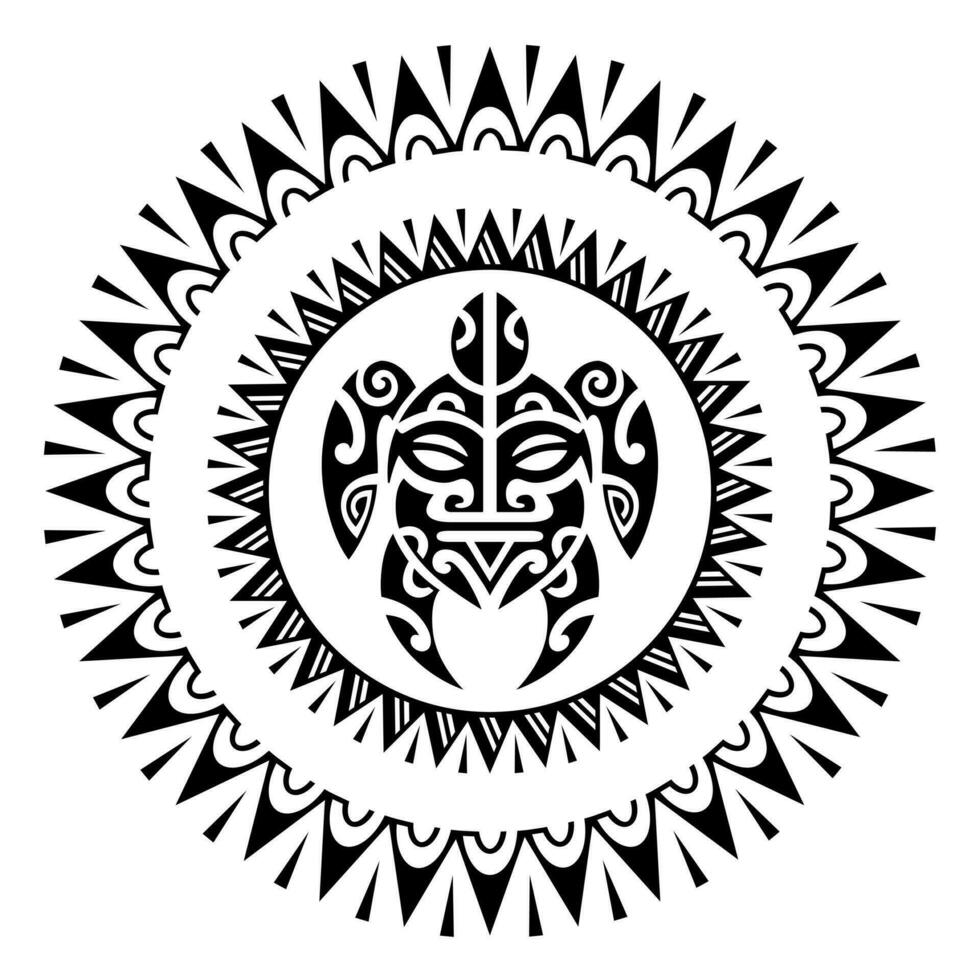 Sea turtle round circle ornament Maori style. Tattoo sketch. Black and white vector