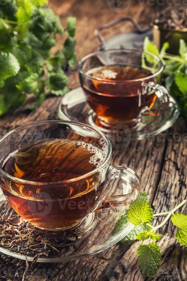 A cup of melissa tea with herbs on wooden table photo