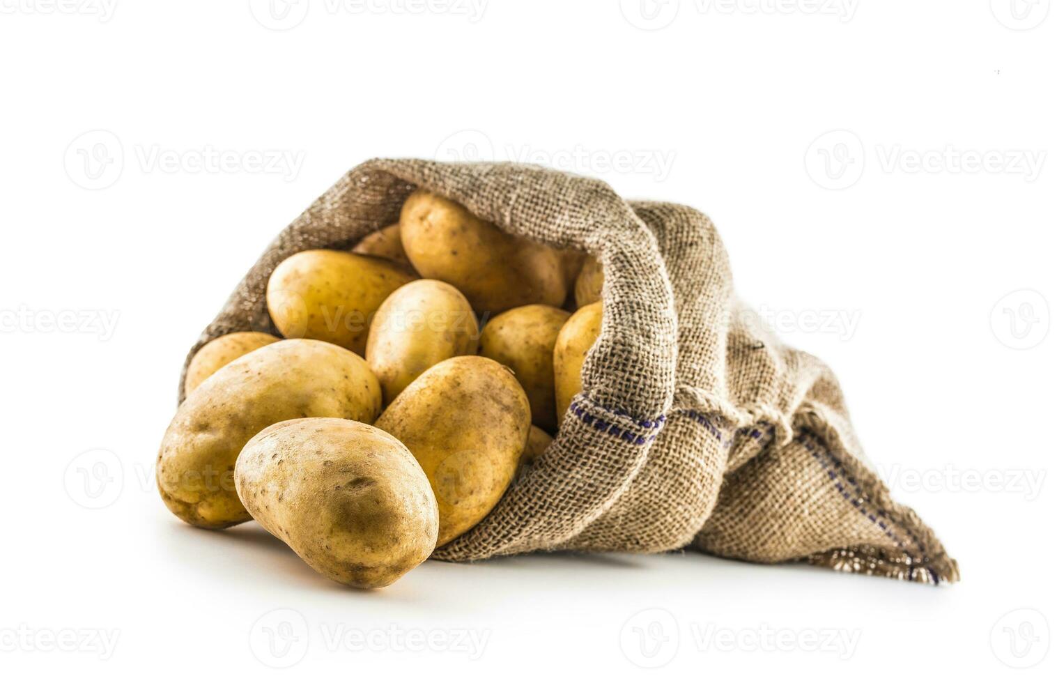 New potatoes in burlap sack isolated on white. photo