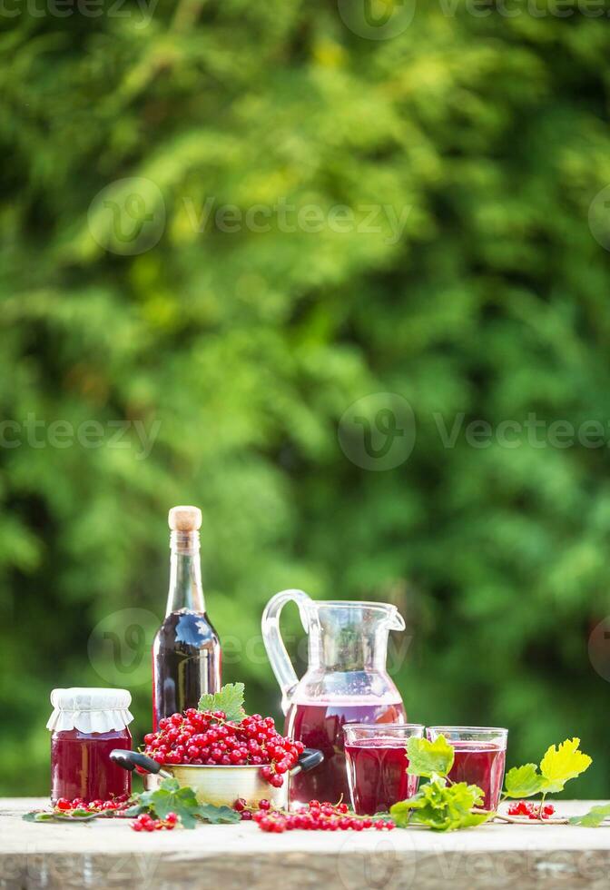 A selection of redcurrant products - marmalade jam syrup must and red vine on table in garden photo