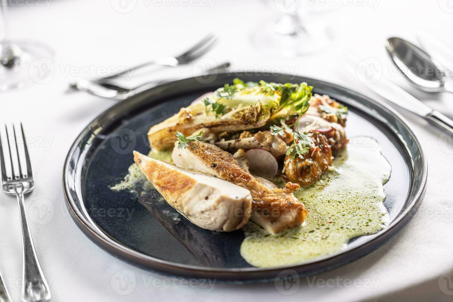 Chicken breasts with green salad and cheese sauce on a dark plate photo