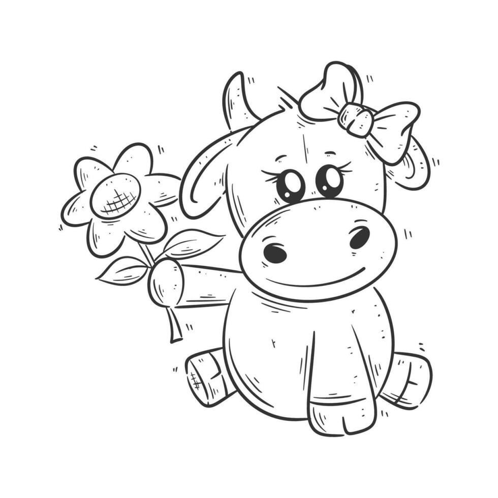 Cute cow wearing hair band and carrying flowers for coloring vector