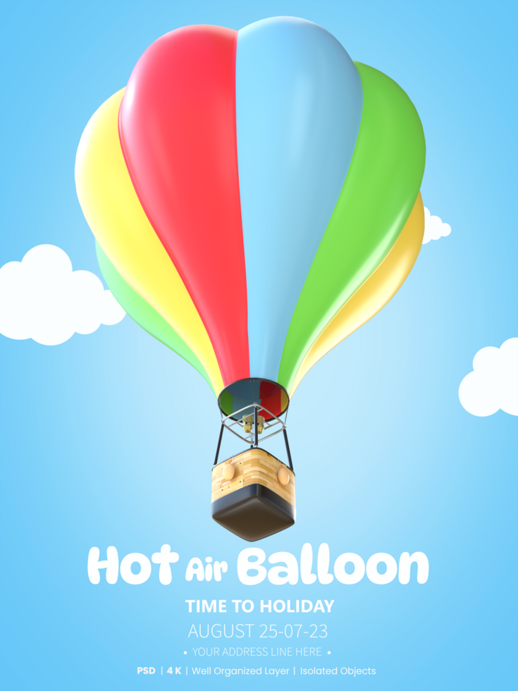 3d Renderização colorida quente ar balão Tempo para feriado poster modelo psd