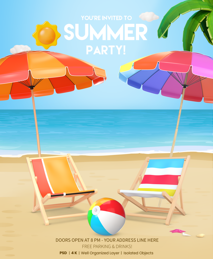 Summer Party Poster Template With 3D Rendering Beach Umbrellas, Beach Chairs And Beach Ball On Sea Background psd