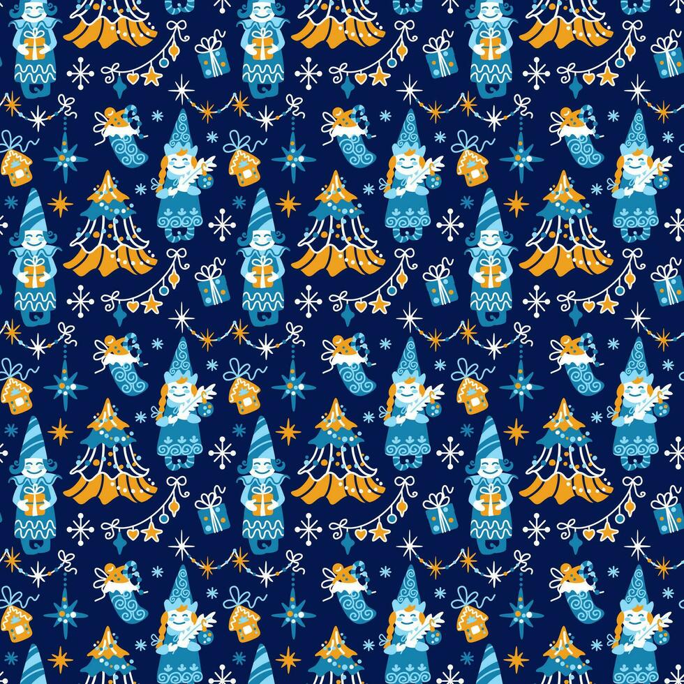 Fairy elves and christmas decoration. Christmas tale. Seamless Pattern for fabric, wrapping, textile, wallpaper, apparel. vector