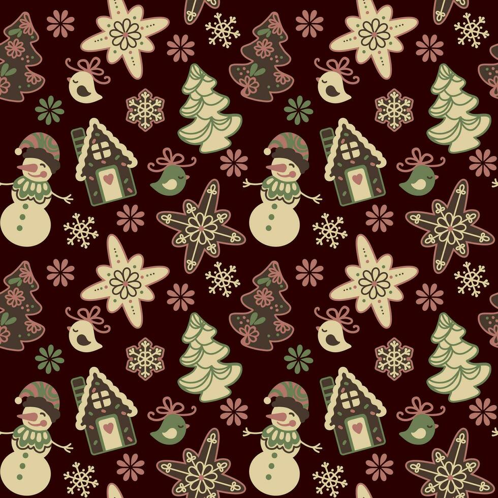 Christmas pattern for fabric, wallpaper, apparel. Illustration a gingerbread house,  christmas cookies, snowflake, snowman, christmas tree. Seamless pattern, vector. vector