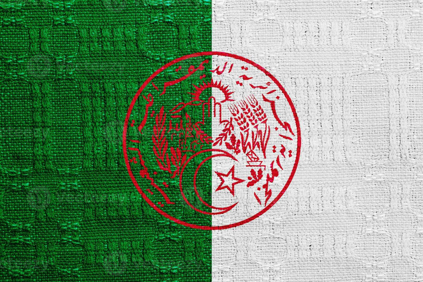 Flag and coat of arms of the Algerian People's Democratic Republic on a textured background. Concept collage. photo