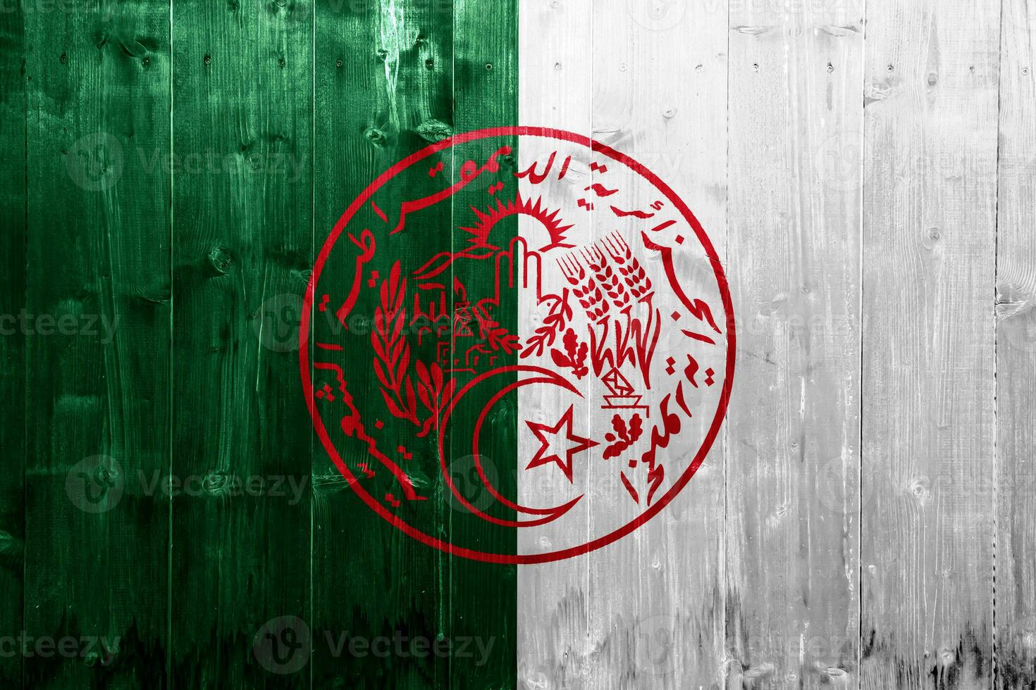 Flag and coat of arms of the Algerian People's Democratic Republic on a textured background. Concept collage. photo