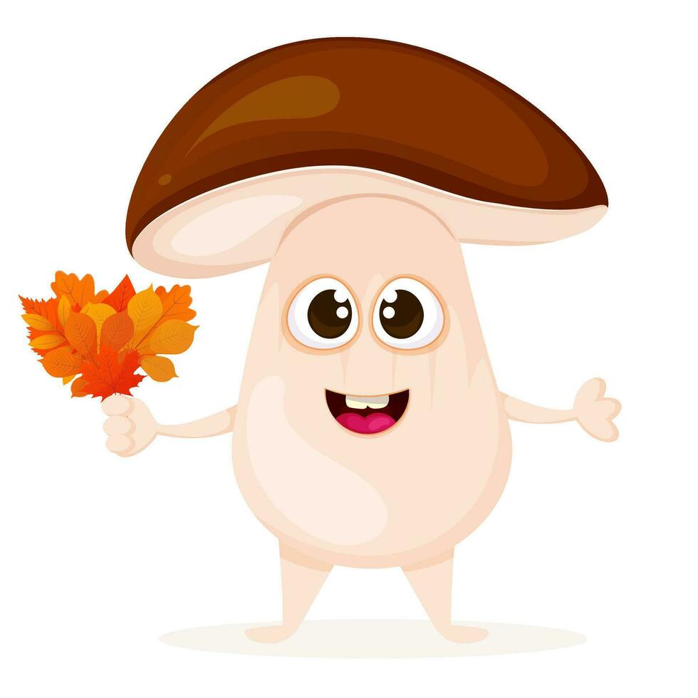 Forest mushroom funny character holding bouquet of autumn leaves vector