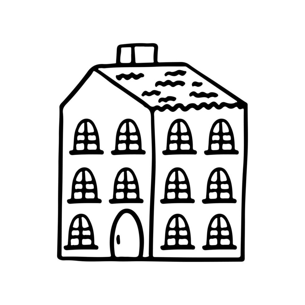 House building in hand drawn doodle style. Vector Icon. Architecture, construction, village, homepage. Coloring book page for kids.