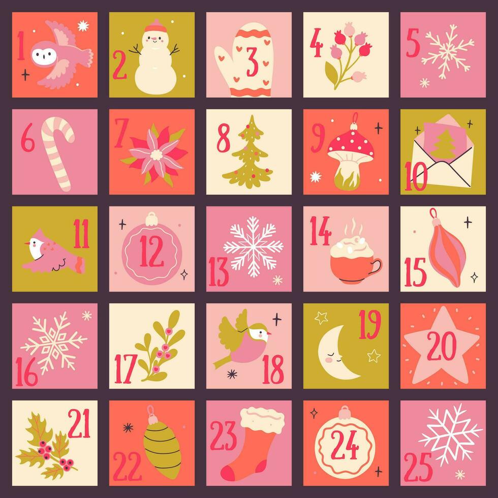 Advent calendar for twenty-five windows in trendy colors. Vector graphics.