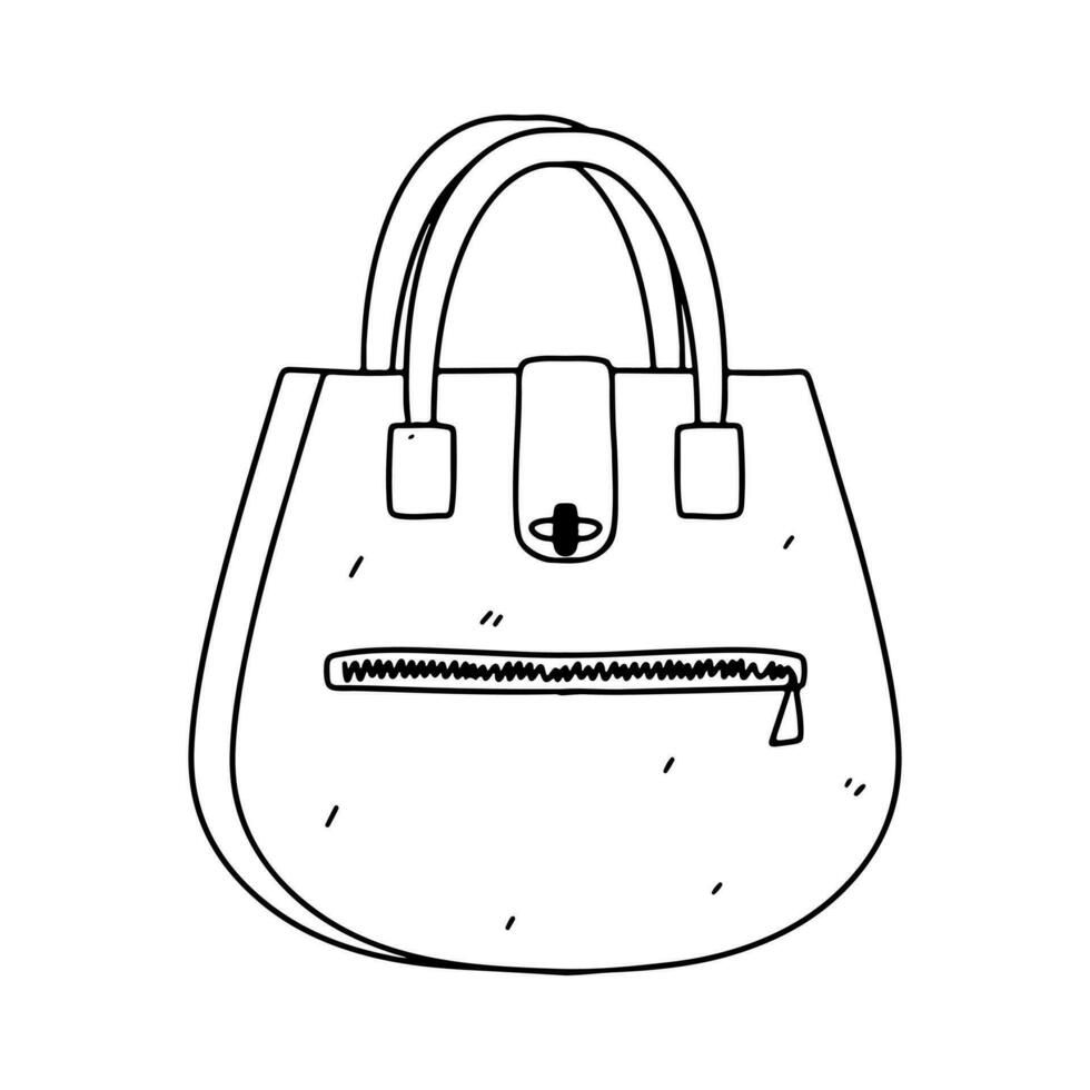 Woman bag hand in hand drawn doodle style. Female stylish purse vector fashion illustration black on white background.