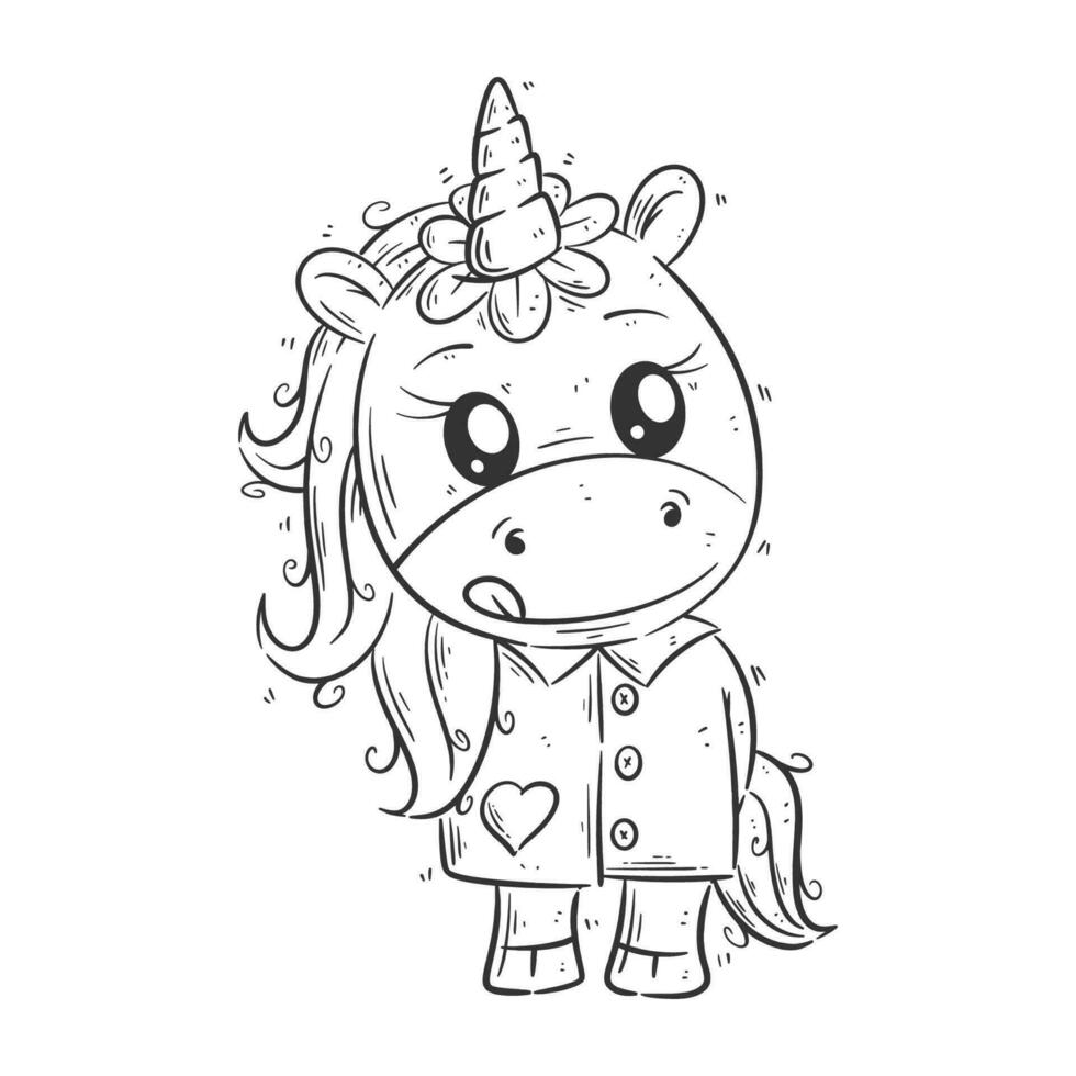 Cute unicorn is standing and wearing a shirt for coloring vector