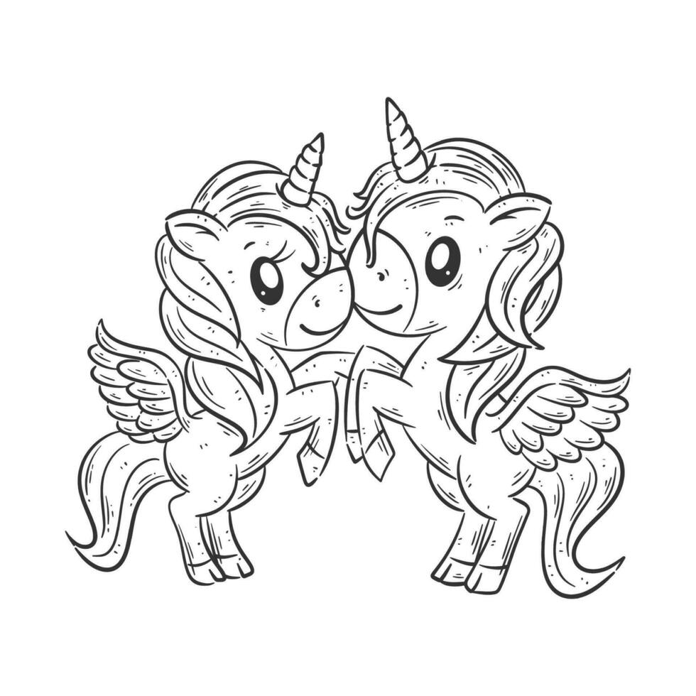 A pair of unicorns facing each other for coloring vector