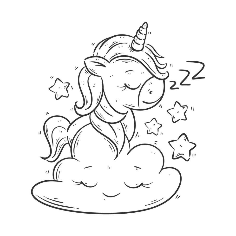 Cute unicorn is in the cloud for coloring vector
