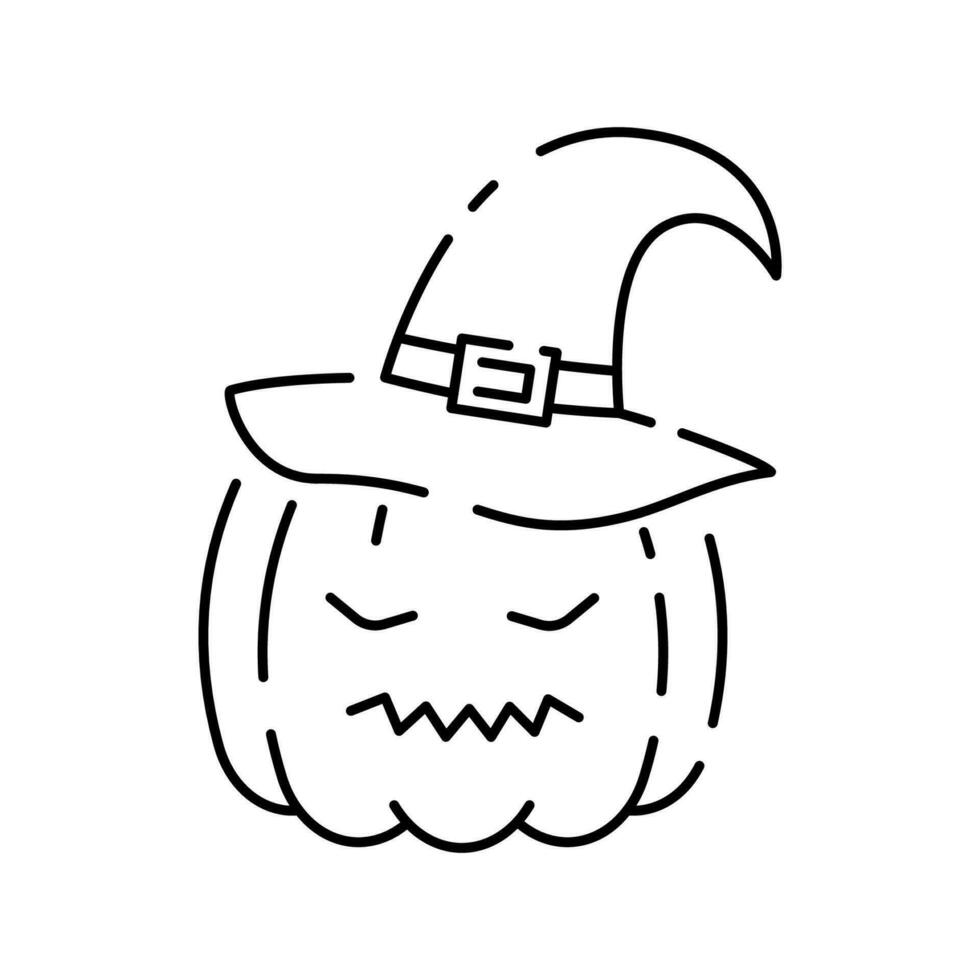 Cute pumpkin wear witch hat line icon on white background. Happy halloween vector icon. Trick or treat and scary sign.