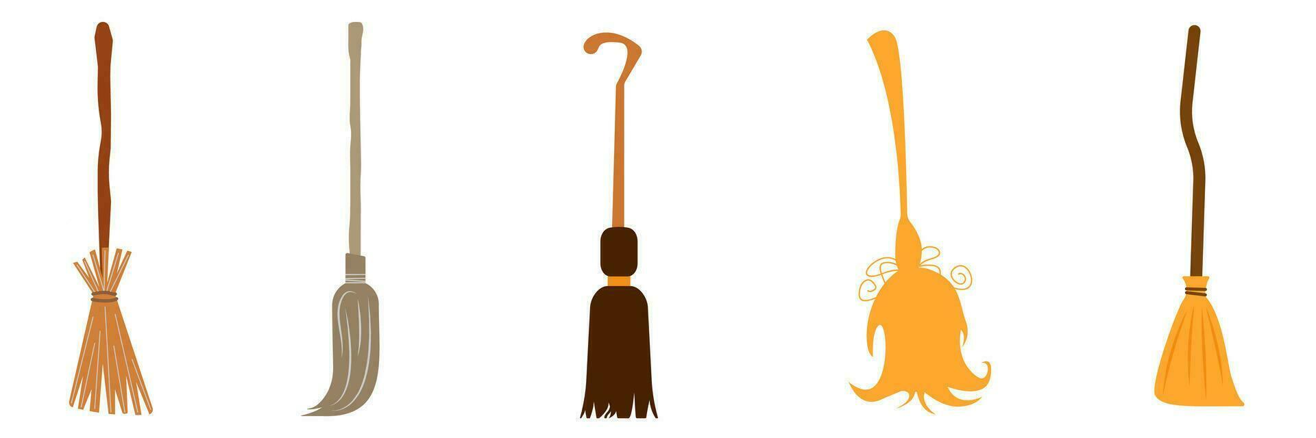 Set of the brooms. Halloween accessory object. Broom cartoon vector illustration.