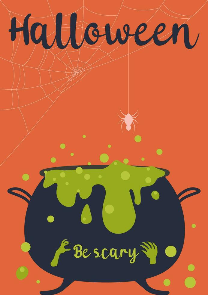 Halloween party. Vector illustration. Happy Halloween holiday. Poster or banner and web banner with witch cauldron, pot, ghost, bat, spider web scary potion on yellow background for school.