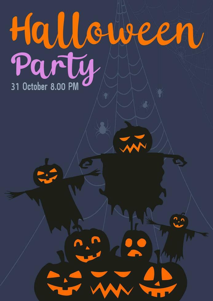 Halloween party invitation with scary pumpkins and zombie hands. Happy Halloween holiday. Poster or banner and web banner with spider web scary potion on black and dark blue background for school. vector