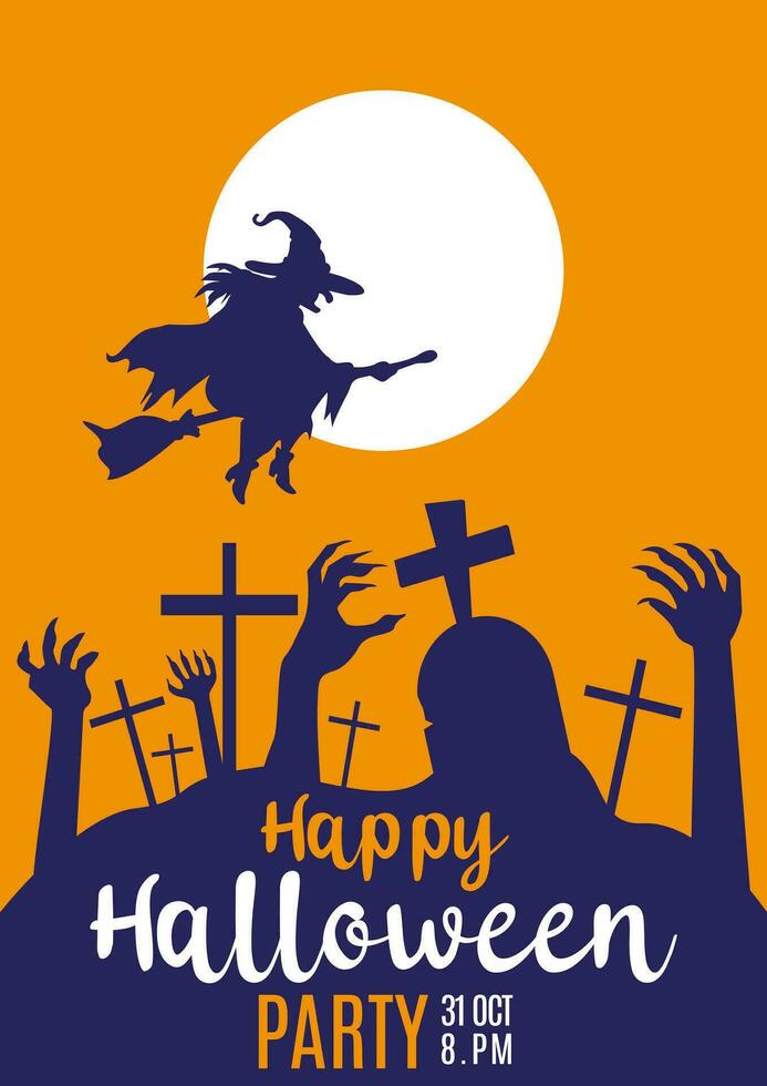 Happy halloween design with cemetery, grave, witch, zombie hands, moon, tree and bat scary. Orange silhouette over yellow background, vector illustration.