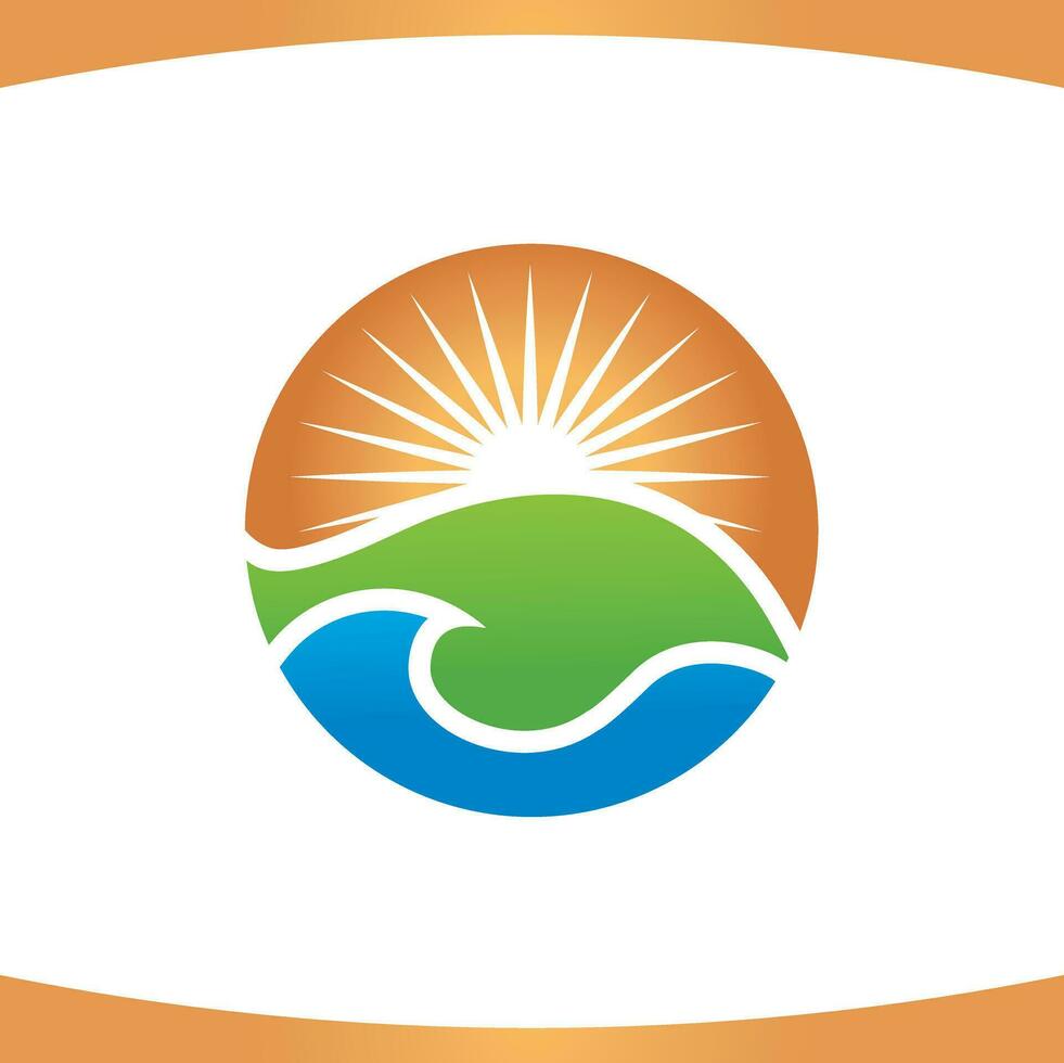 Sun Green Grass Field Sea Water Logo vector