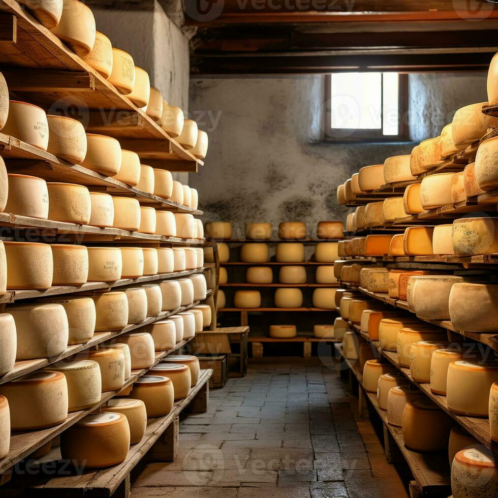 hundreds of different varieties of parmigiano reggiano in the biggest  parmesan cheese storage kinds of cheese ripening. picture of a cheese  factory in Switzerland. Generative AI Stock Illustration